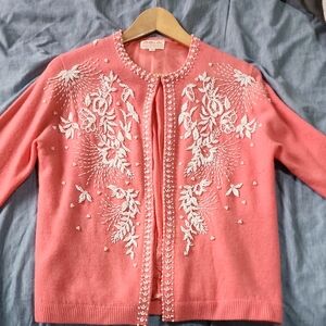 Original Vintage Chic Coral Embroidered Women's Cardigan Sz S/M